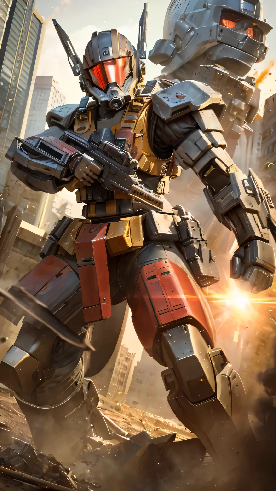最high quality、Best image quality、masterpiece、Giant Mecha((humanoid、Railgun、Bulletproof vest、Jetpack、Red visor、Run、Chainsaw,Full of wounds,gas mask、Gold Color、Fighting Pose、Muscular))high quality、Beautiful art、background((City、explosion、Smokescreen)),Tabletop、Exquisite design、Visual Arts、Written boundary depth、Best lighting、The finest details、8k