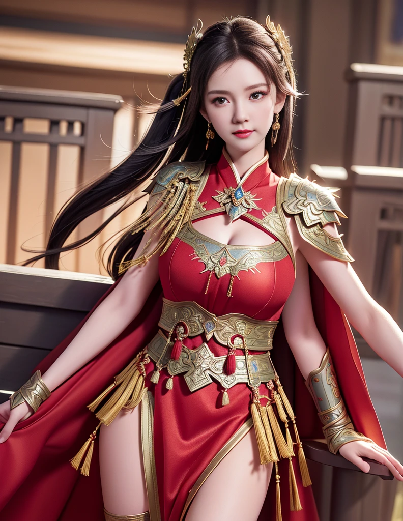 best quality, masterpiece, high resolution, 1girl, full length shot, ancient chinese battlefield background, metal armor, cape, metal collar, hair ornament, necklace, jewelry, beautiful face, upon_body, tyndall effect, realistic, dark studio, edge lighting, duotone lighting, (high detail skin:1.2), 8k ultra hd, DSLR, soft lighting, high quality, volumetric lighting, frank, photos, high resolution, 4k, 8k, bokeh, light red bikini armor, chest embroidered phoenix, metal cuirass, tight, bare arms, short bracers, stockings, 