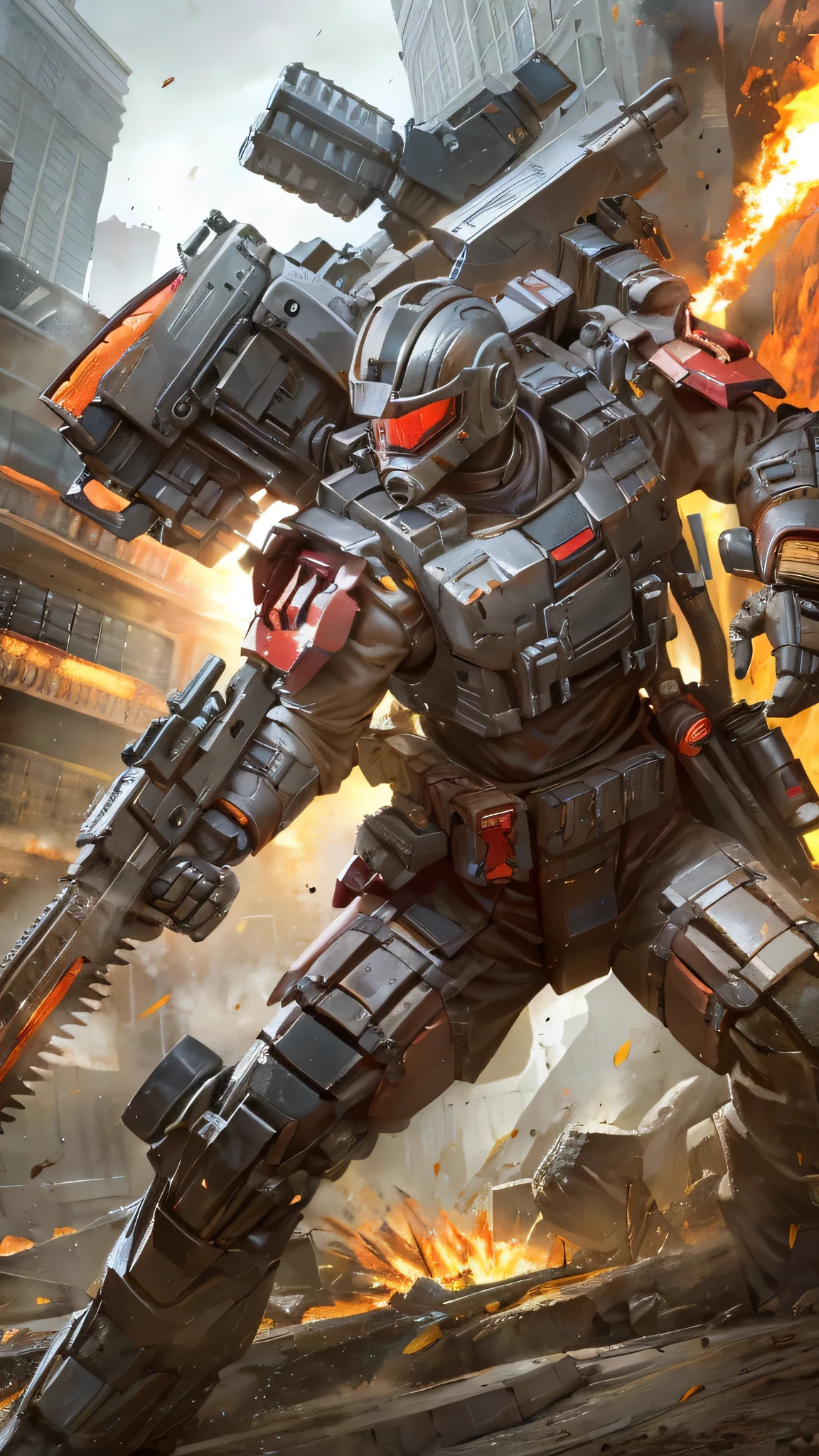最high quality、Best image quality、masterpiece、Giant Mecha((humanoid、Railgun、Bulletproof vest、Jetpack、Red visor、Run、Chainsaw,Full of wounds,gas mask、Gold Color、Fighting Pose、Muscular))high quality、Beautiful art、background((City、explosion、Smokescreen)),Tabletop、Exquisite design、Visual Arts、Written boundary depth、Best lighting、The finest details、8k