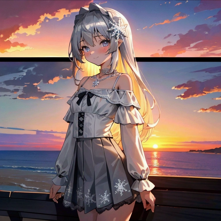 ((masterpiece, extremely high quality)),((4k, detailed beautiful cute eyes)),((cinematic view, high detailed sunset, high detailed colors, high detailed clouds, depth of view)),1teenage girl standing at a beach side, looking at viewer, white skin, slightly parted gentle smile, silver long-hair, grey-bluish eyes, slender physique, medium-size breast, small-diamond snowflake necklace, white off-shoulder straps ruffled blouse, greyish high-waisted a-line mini skirt with lace trim.