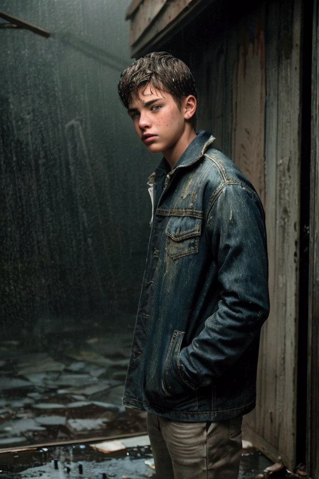 a handsome age boy standing in front of an abandoned house during a heavy rainstorm, realistic detailed face, beautiful eyes, sharp features, rain soaked clothes, moody atmosphere, cinematic lighting, dramatic shadows, muted color palette, gritty urban setting, masterpiece, high quality, photorealistic, studio lighting, physically-based rendering