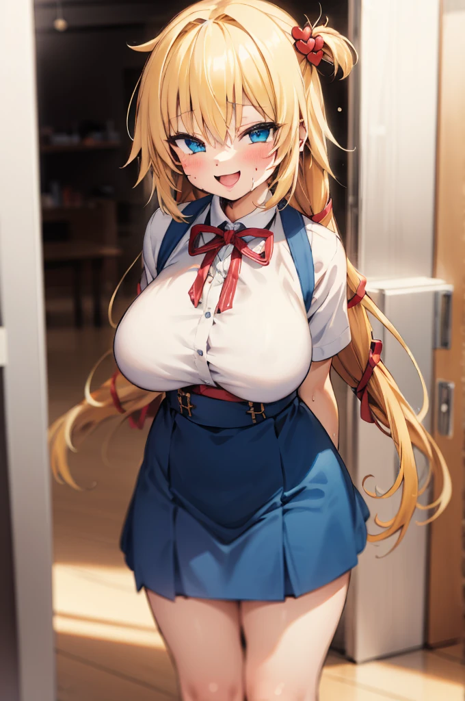 masterpiece, akai haato, hololive, 1girl, bangs, blonde hair, blue eyes, blush,(huge breasts), collared shirt, hair between eyes, hair ornament,heart, heart hair ornament, long hair, , neck ribbon, one side up, red ribbon, ribbon, , sidelocks, simple background, smile, solo, sparkle, virtual youtuber, white background, white shirt, cowboy shot, :d, blue skirt,,blush,sweating,,closed mouth,indoor,standing,socks,