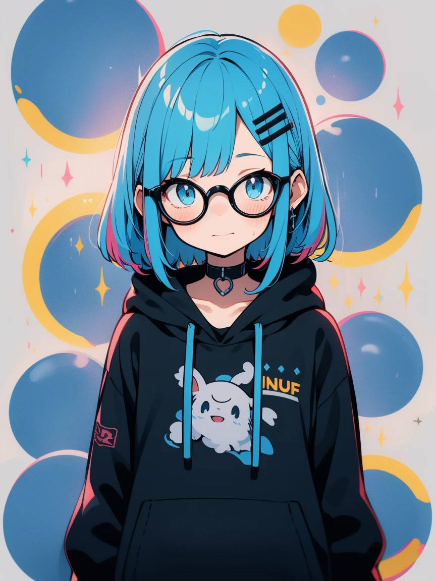 muff, Blue Hair, rain、Colorful Hair, A woman with short, blue hair, , Black choker around the neck、Wearing glasses