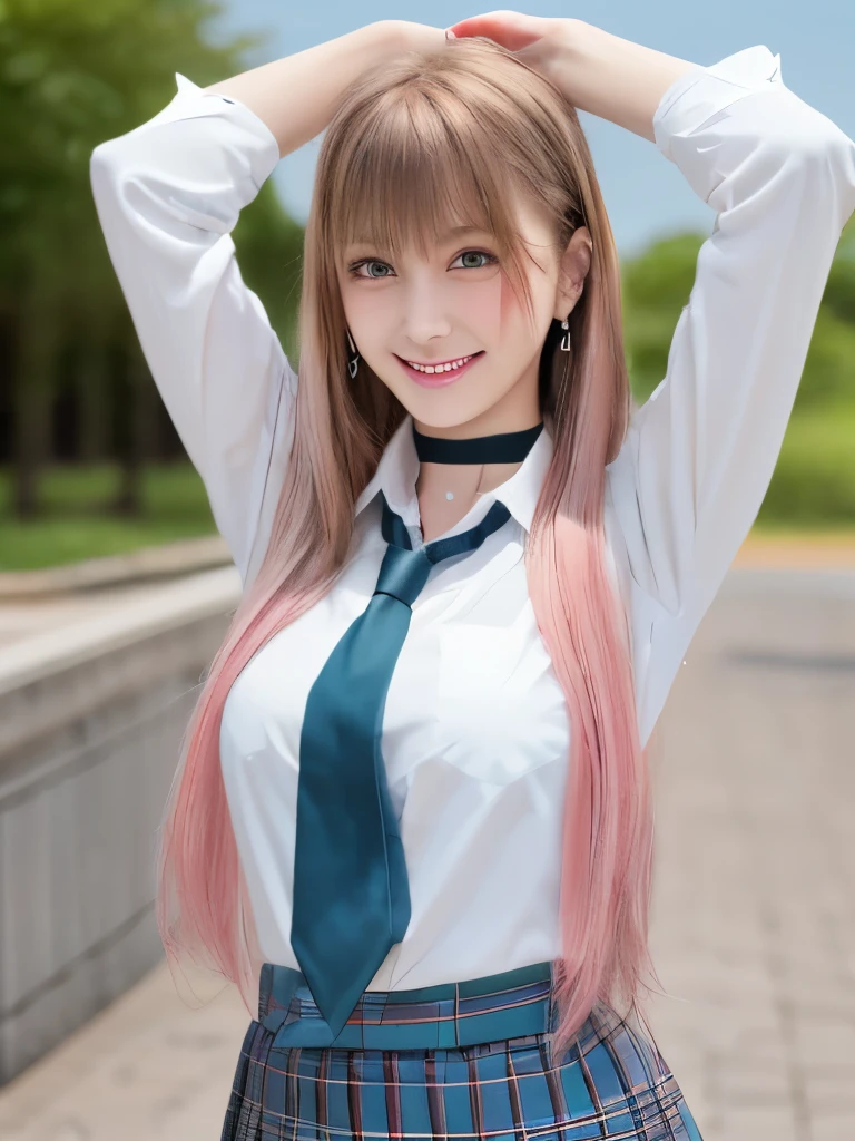 Mix 4, (8k, RAW Photos, highest quality, masterpiece: 1.45), (Realistic, photoRealistic: 1.37), Kitagawa Marine,  (Blonde Hair, Pink gradient hair), ((Long Hair, Sink bangs,Colorful Hair, Red eyes)),Pose like a model,((Raise your arms above your head and strike a bold pose))、Japanese women, ,high School student、Model Body Type, (Big Breasts:1.1), Narrow waist, Beautiful Face, Beautiful Eyes, , jewelry,Earrings, White shirt, Shirt with tie, Black choker,  Blue tie, Checked skirt,  Grin, smile, Are standing, Cowboy Shot, Outdoor、hight School, 1 girl, alone, Detailed face and eyes, Upper body photo. Realistic, Realistic.MarinGyaru,School_uniform