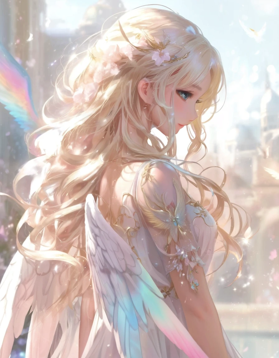 Anime girl in a dress with long blonde hair and wings, Beautiful fantasy anime, of an Beautiful angel girl, Anime fantasy illustration, of Beautiful angel, Beautiful angel, Beautiful fantasy art, Beautiful Anime girl, Fantasy art style, Anime fantasy artwork, Beautiful fairy, blonde anime girl with long hair, Beautiful Anime, Beautiful Anime woman, Blonde Princess