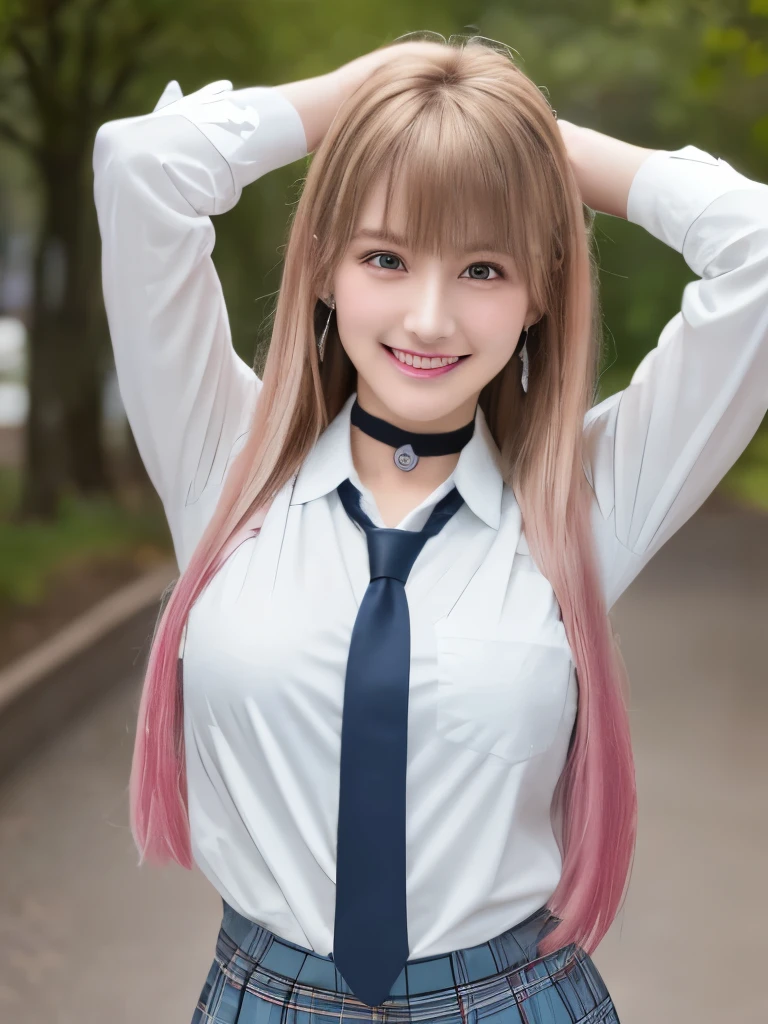 Mix 4, (8k, RAW Photos, highest quality, masterpiece: 1.45), (Realistic, photoRealistic: 1.37), Kitagawa Marine,  (Blonde Hair, Pink gradient hair), ((Long Hair, Sink bangs,Colorful Hair, Red eyes)),Pose like a model,((Raise your arms above your head and strike a bold pose))、Japanese women, ,high School student、Model Body Type, (Big Breasts:1.1), Narrow waist, Beautiful Face, Beautiful Eyes, , jewelry,Earrings, White shirt, Shirt with tie, Black choker,  Blue tie, Checked skirt,  Grin, smile, Are standing, Cowboy Shot, Outdoor、hight School, 1 girl, alone, Detailed face and eyes, Upper body photo. Realistic, Realistic.MarinGyaru,School_uniform