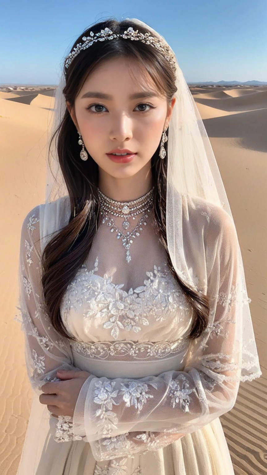 Exquisite digital illustrations "Empty Quarter Bride" wearing a modest dress and a Face coverings, アラビア半島の伝統的な習慣and価値観を表す. She is depicted and グrace and elegance, Symbolizes beauty beneath the veil.
The bride is (Flowing, Long sleeve gown)1.2 Made from high-quality fabrics, Complex (embroidery)1.4. Delicate (race)1.3 details. このドレスは彼女の体wholeを覆うようにデザインされている, 謙虚さand洗練さを体現する.
Her head is adorned and a (Decorative headpieces)1.2, Featured (Subtle decoration)1.Three things that complement her outfit. See through (Face coverings)1.4 is worn, Show only your eyes, 謎and陰謀の雰囲気を加える.
Her eyes are captivating, accentuated and (Subtle eye makeup)1.2. Highlighting the beauty of nature. Her lips are adorned and a soft, (Neutral shades)1.3, While maintaining a modest appearance、Highlight her features.
In the background、The Empty Quarter depicts the vast expanse of the desert.。, and (Sand Dunes)1.4. Under the Calm Sky、Spreading endlessly. The golden color of the setting sun casts a warm and enchanting glow..
whole, the illustration celebrates the Empty Quarter Bride's traditional values, Show off her beauty, グrace, Maintain humility. アラビア半島の豊かな文化遺産and花嫁の秘められた美しさの魅惑的な魅力を捉えています。.