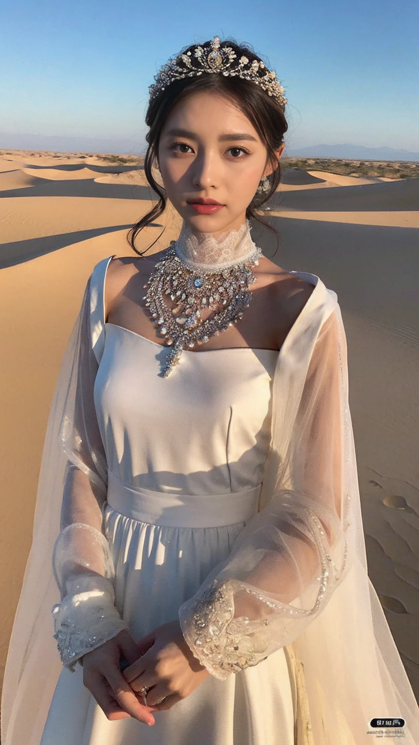 Exquisite digital illustrations "Empty Quarter Bride" wearing a modest dress and a Face coverings, アラビア半島の伝統的な習慣and価値観を表す. She is depicted and グrace and elegance, Symbolizes beauty beneath the veil.

The bride is (Flowing, Long sleeve gown)1.2 Made from high-quality fabrics, Complex (embroidery)1.4. Delicate (race)1.3 details. このドレスは彼女の体wholeを覆うようにデザインされている, 謙虚さand洗練さを体現する.

Her head is adorned and a (Decorative headpieces)1.2, Featured (Subtle decoration)1.Three things that complement her outfit. See through (Face coverings)1.4 is worn, Show only your eyes, 謎and陰謀の雰囲気を加える.

Her eyes are captivating, accentuated and (Subtle eye makeup)1.2. Highlighting the beauty of nature. Her lips are adorned and a soft, (Neutral shades)1.3, While maintaining a modest appearance、Highlight her features.

In the background、The Empty Quarter depicts the vast expanse of the desert.。, and (Sand Dunes)1.4. Under the Calm Sky、Spreading endlessly. The golden color of the setting sun casts a warm and enchanting glow..

whole, the illustration celebrates the Empty Quarter Bride's traditional values, Show off her beauty, グrace, Maintain humility. アラビア半島の豊かな文化遺産and花嫁の秘められた美しさの魅惑的な魅力を捉えています。.