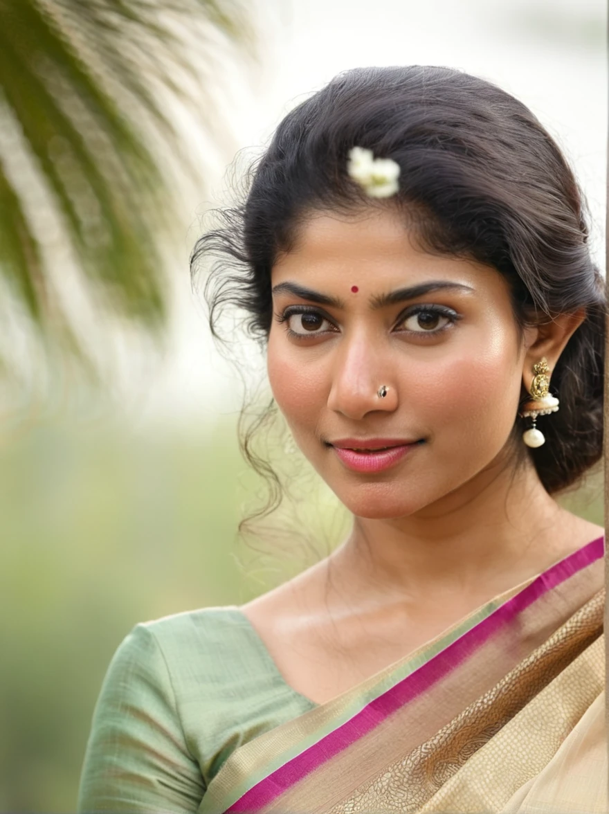 ultrarealistic hires close up photo of a 30-year-old sai pallavi woman, outdoors, realistic skin texture, looking looking at camera, high collar intricate (silk_saree_blouse:1.2), tied hair, beautiful bokeh background , bending to show deep cleavage