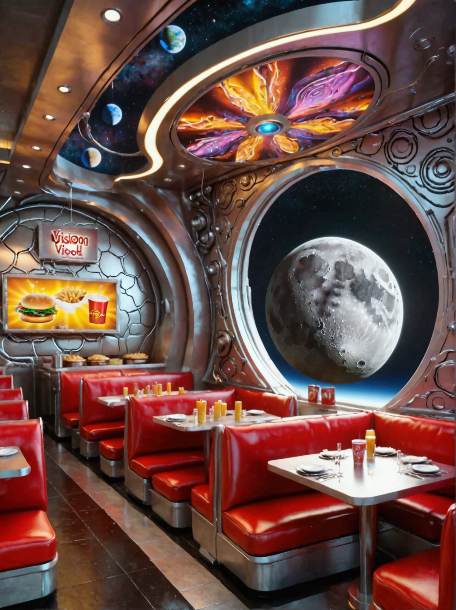 Best quality，8K，high resolution，masterpiece，Ultra Detailed，lifelike，Photorealism，future world，(Vision:1.5)，(A luxurious fast food restaurant on the moon:1.5), (Cyborg female employee:1.5)，(apron)，(Fast food restaurant staff uniforms)，Transparent Mecha，Cyberpunk cyborg woman，doll，Beautiful meticulous eyes，Beautiful delicate lips，Extremely detailed eyes and face，Long eyelashes，Physically Based Rendering，Extremely detailed description，Ultra-detailed paintings，Futuristic interior decoration，Neon，Sharp focus，Vibrant colors，Science Fiction，Concept Art，High-tech atmosphere，Studio Lighting，HDR，Ultra HD，Bokeh