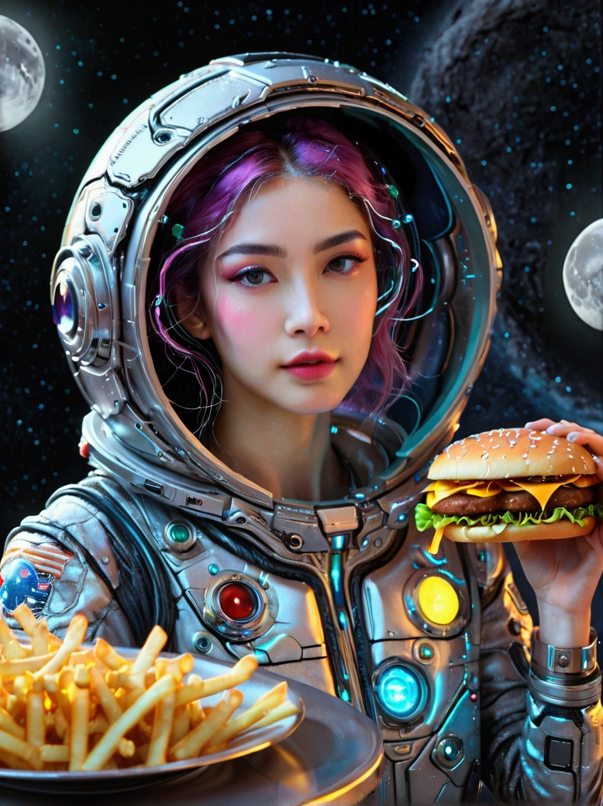 Best quality，8K，high resolution，masterpiece，Ultra Detailed，lifelike，Photorealism，future world，(Fast food restaurant cyborg female employee on the moon:1.5)，(apron)，(Fast food restaurant staff uniforms)，Transparent Mecha，Cyberpunk cyborg woman，doll，Beautiful meticulous eyes，Beautiful delicate lips，Extremely detailed eyes and face，Long eyelashes，Physically Based Rendering，Extremely detailed description，Ultra-detailed paintings，Futuristic interior decoration，Neon，Sharp focus，Vibrant colors，Science Fiction，Concept Art，High-tech atmosphere，Studio Lighting，HDR，Ultra HD，Bokeh