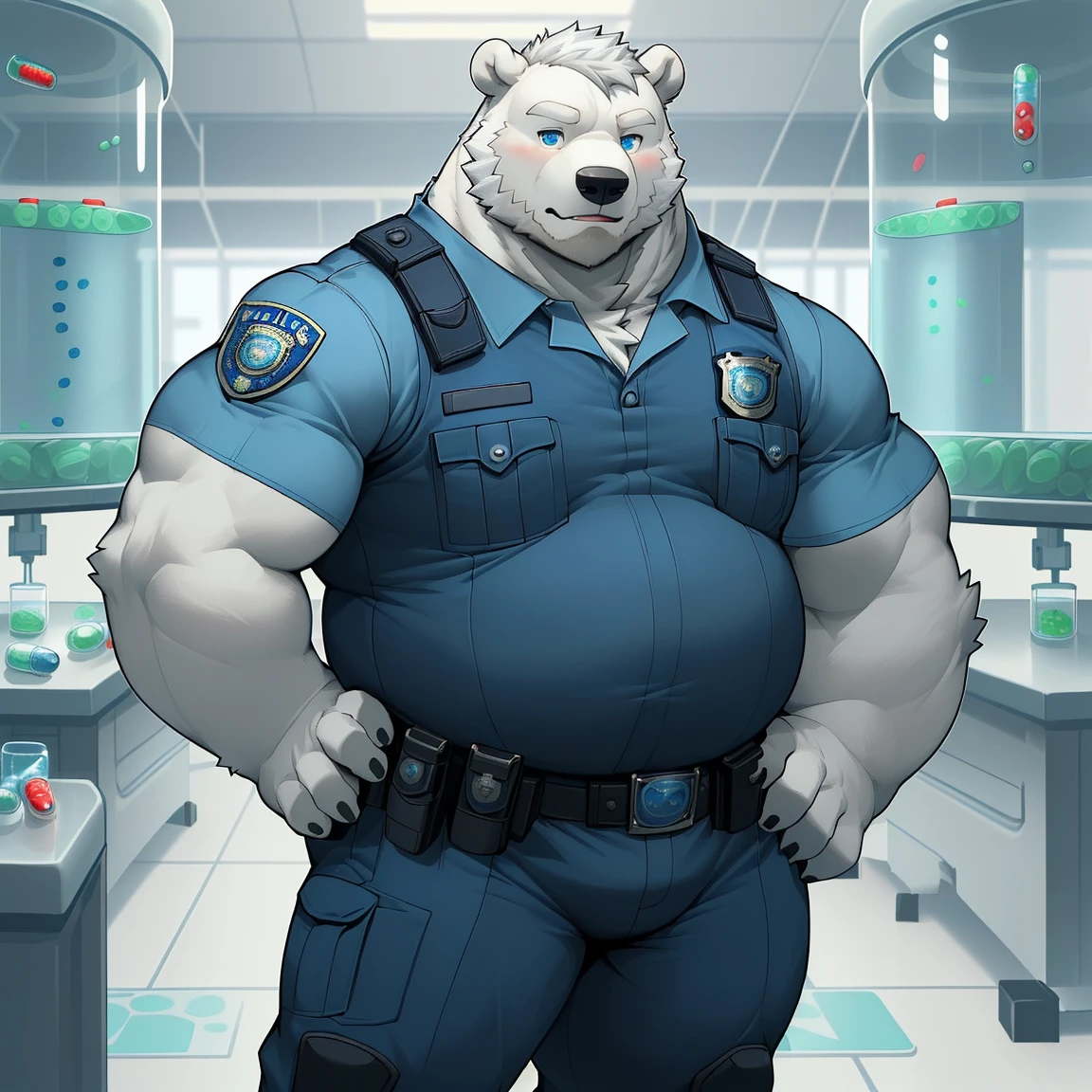 masterpiece, best quality, 8k resolution, Very detailed, hairy，(((polar bear))，(((Mature)))，(((beard))),(((fat)))，(((portrait)))，(((White hair)))，(((Standing)))，(((Police Uniform))),(((Blue Eyes)))，(((Left hand on waist)))，Highest quality scene，(((Hip bulge))),(((Pills in right hand)))，(((Fat-enclosed muscle)))，(((Round face)))，(((laboratory)))，(((Experiment)))，(((Solitary)))