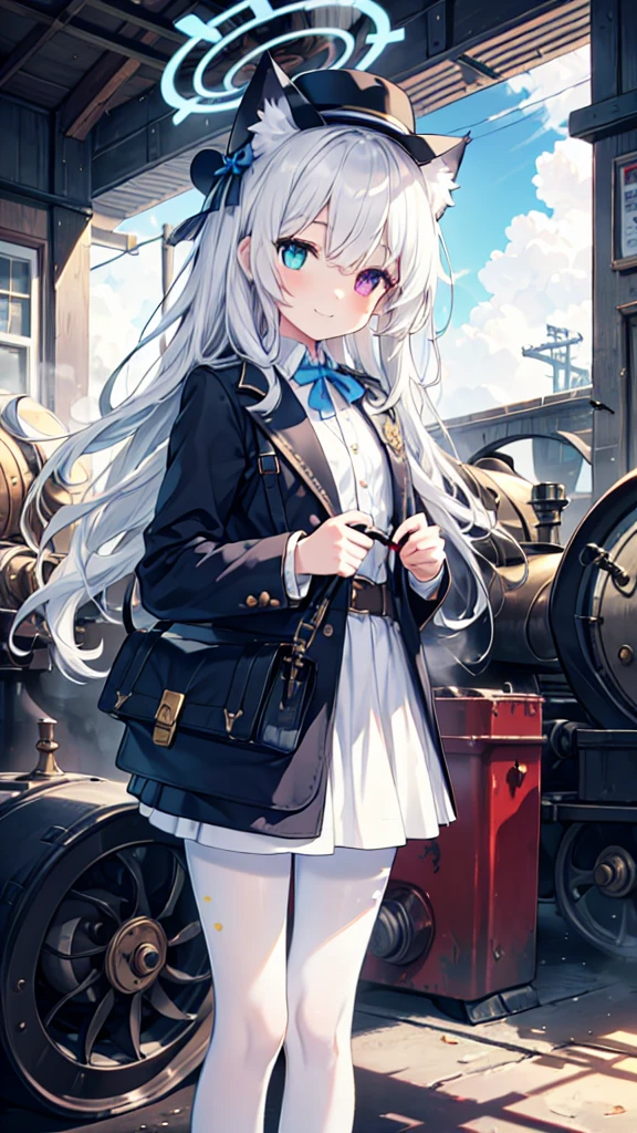 White pantyhose，White hair，Smile，Long hair，Cat ear，Heterochromia（Left blue right yellow），Female face，There are bright spots in the eyes，flat chest，blue halo，Alone，Next to the steam engine，Steampunk，hat，Carrying a toolbox