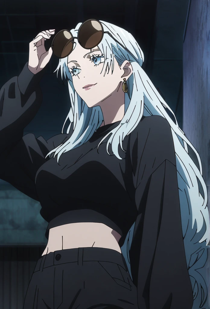 1girl, female gojo satoru, anime screencap from jujutsu kaisen, gojo satoru female version, solo, long_hair, ((wearing round sunglasses over the head)) ((White_hair)), night view, (hanging breasts) upper_body, smile, indoors, book, lips, (long hair) ((wearing black colour crop top with full sleeves and black colour pant)) breast, "very detailed and high resolution" (wearing round sunglasses over the head) ((solo)) (((front view))) (earings) ((high resolution)) ((good quality)) ((silky hair)) ((cross arms))