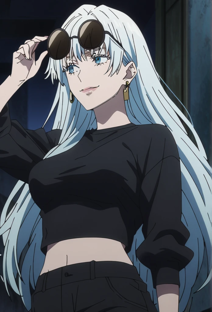 1girl, female gojo satoru, anime screencap from jujutsu kaisen, gojo satoru female version, solo, long_hair, ((wearing round sunglasses over the head)) ((White_hair)), night view, (hanging breasts) upper_body, smile, indoors, book, lips, (long hair) ((wearing black colour crop top with full sleeves and black colour pant)) breast, "very detailed and high resolution" (wearing round sunglasses over the head) ((solo)) (((front view))) (earings) ((high resolution)) ((good quality)) ((silky hair)) ((cross arms))