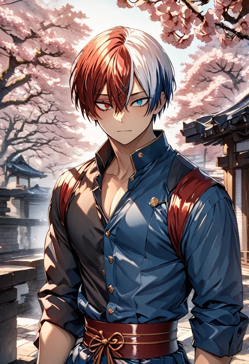 Ultra detailed, highres, absurdres, HDR, master piece, Todoroki Shouto, bicolor hair, right side is white, left side is red, heterochromia, right eye is grey, left eye is blue, Boku No Hero Academia, fantasy, handsome, sexy man, solo, best quality, blossoms, blue clothes.