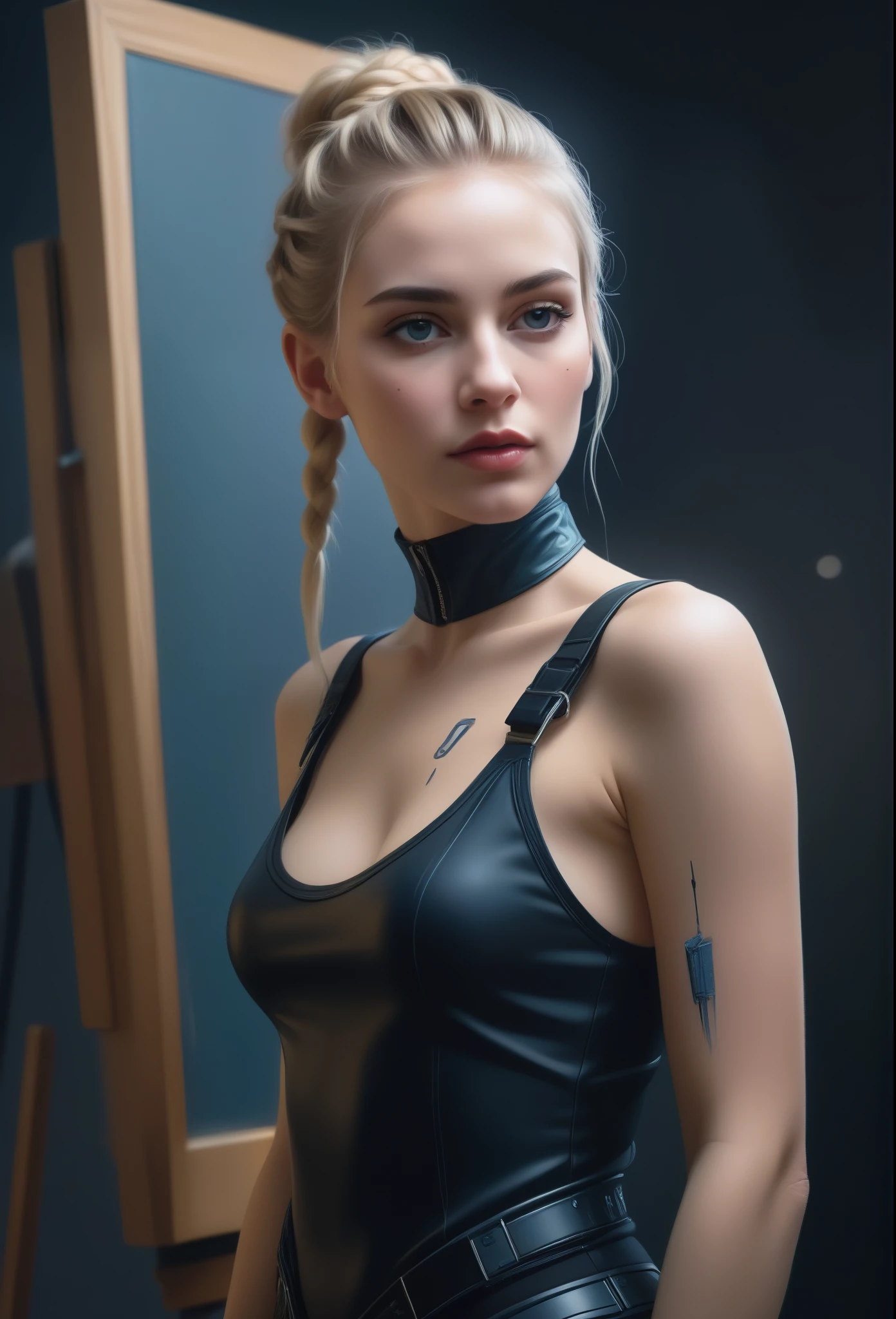 a sexy cyborg woman with a french braid and blonde hair, standing full-length, drawing a self-portrait in oil paints, an easel, paints, (best quality, 4k, 8k, highres, masterpiece:1.2), ultra-detailed, (realistic, photorealistic, photo-realistic:1.37), highly intricate details, exquisite lighting, cinematic composition, dramatic colors, moody atmosphere, science fiction, cyberpunk, digital painting