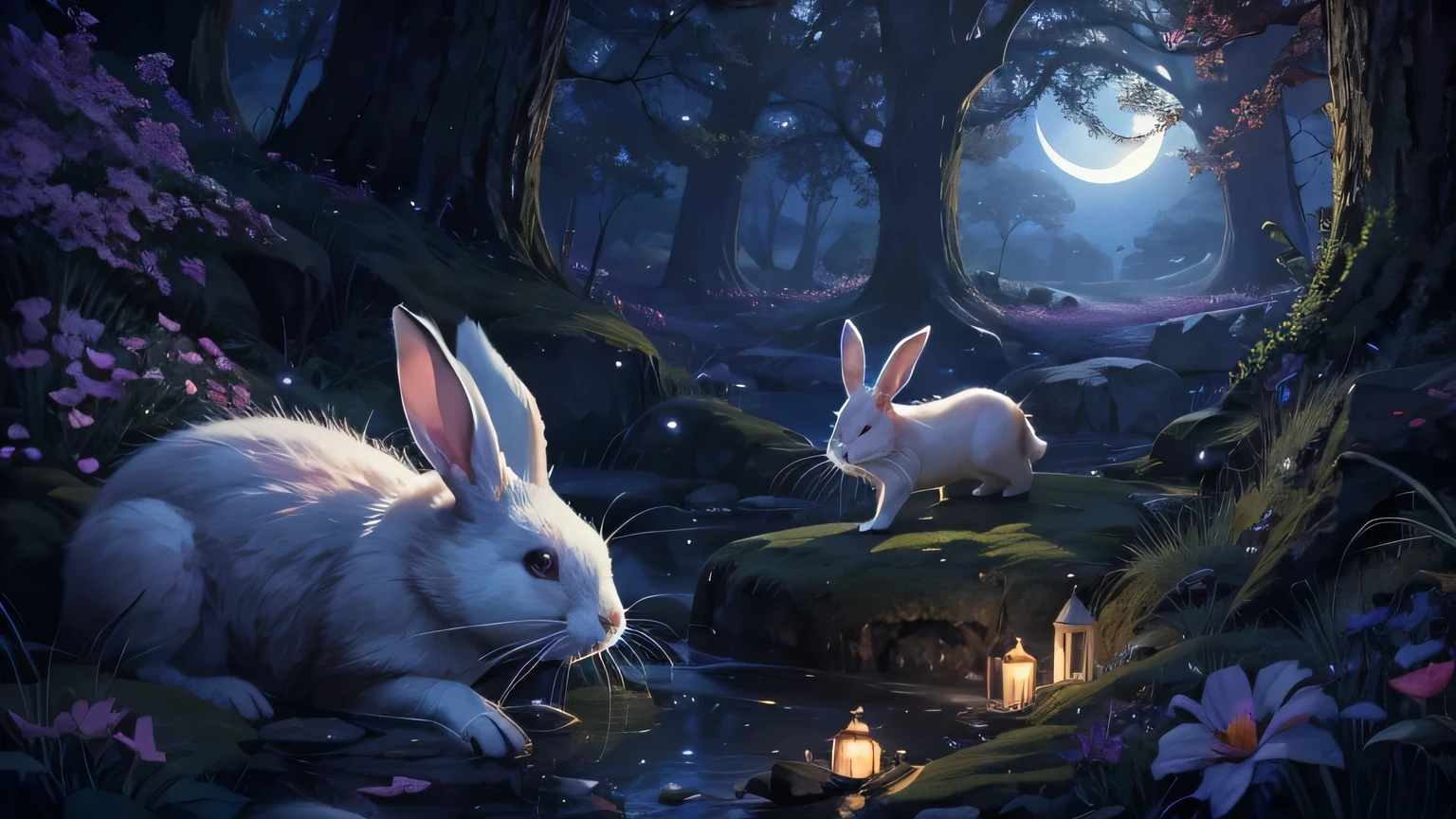 Highest quality　２Rabbits　The background is a night forest　Crescent Moon　Photorealistic　Fantasy
