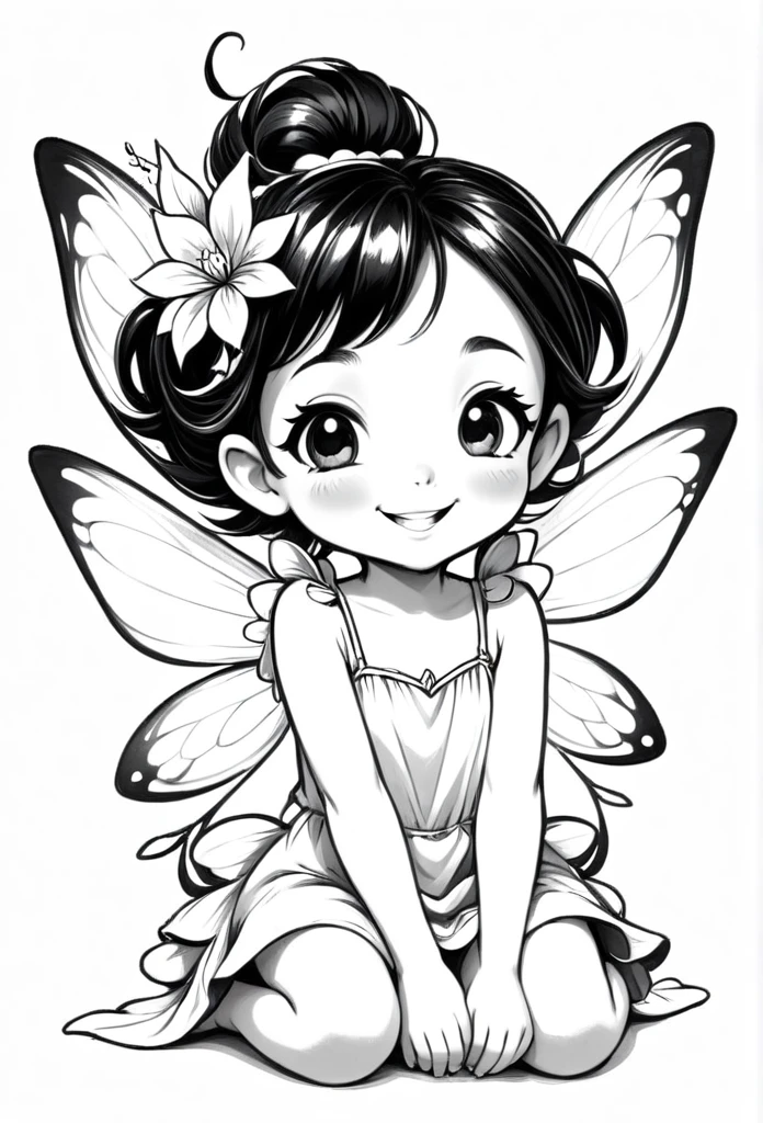 line drawing of a happy little FAIRY, the fairy must be small and sitting on one side, Black power hairem fundo branco, monochrome, black andwhite, no shadows, white background