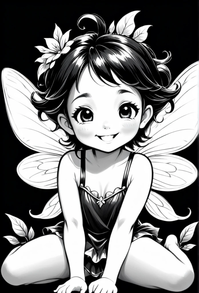 line drawing of a happy little FAIRY, the fairy must be small and sitting on one side, Black power hairem fundo branco, monochrome, black andwhite, no shadows, white background