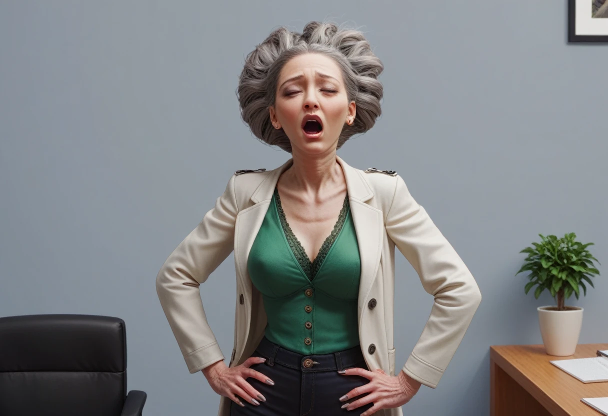 hyperrealistic art cinematic film still lower angle photography in the style of detailed hyperrealism photoshoot . (widehips) Extremely high-resolution details, photographic, realism pushed to extreme, fine texture, incredibly, elderly frail woman, close up standing cleveage hands on hips chest thrust out in office alone ((shoulder length gray hair with darkbrown hairroots:1.3)), ((head back_ moaning:1.6)) (lab coat with green blouse and black pants),