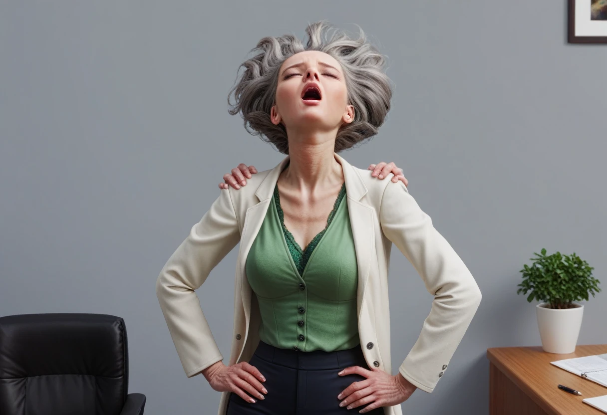 hyperrealistic art cinematic film still lower angle photography in the style of detailed hyperrealism photoshoot . (widehips) Extremely high-resolution details, photographic, realism pushed to extreme, fine texture, incredibly, elderly frail woman, close up standing cleveage hands on hips chest thrust out in office alone ((shoulder length gray hair with darkbrown hairroots:1.3)), ((head back_ moaning:1.6)) (lab coat with green blouse and black pants),