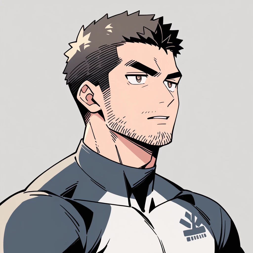 anime characters：Chris Redfield, Muscle Sports Student, Buzz Cut, Manliness, male focus, Dark black high collar long sleeve tight T-shirt, Very tight, full and perky chest muscles, muscular male, muscular, only, Upper body, alone, Black short hair, Thick eyebrows, stubble, Brown-red pupils, Grey background, simple background, amazing quality, best aesthetics, Ridiculous, crew cut, parted lips, v-shaped eyebrows, jitome, best quality