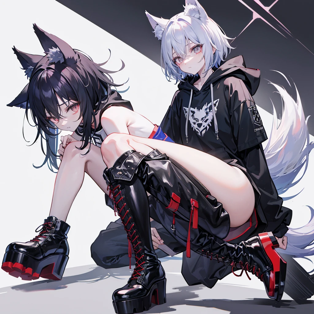 Alone in a dark cave,whole body,Shota,Beastman,Wolf,Wolf Cut,Long Parka,pants,He looks exhausted.,shortness of breath,sweating,
Shiny lace-up long boots,Stiletto heels,Adhesive Restraint,first round,Heel standing