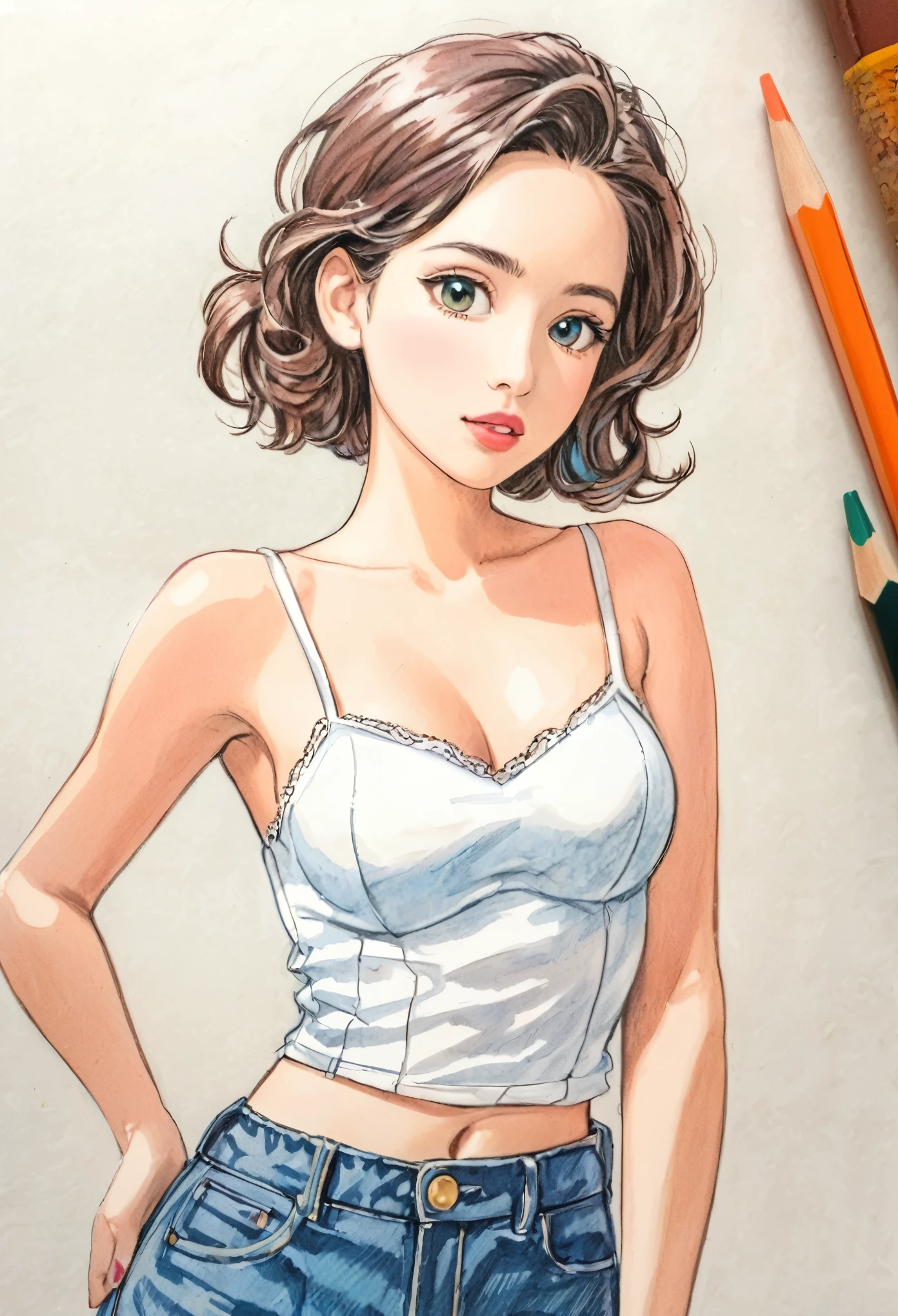 woman,Short camisole vest,White,Art,,Colored pencil sketch,sketch ,Comic Collage,illustration