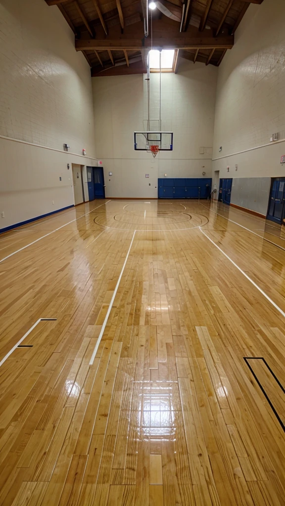 A brightly lit indoor basketball court with freshly polished wood floors and clear markings.