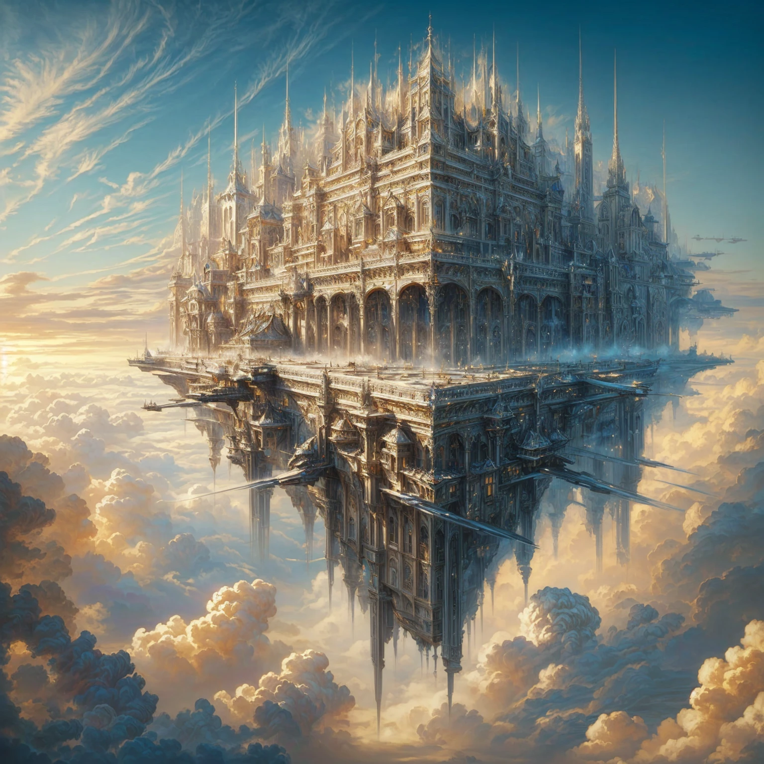 a painting of a city in the clouds with a sky background, symmetrical epic fantasy art, floating city on clouds, floating city in the sky, cloud palace, palace floating in the sky, levitating citadel, empyrean city, palace floating in heaven, huge futuristic temple city, a city in the clouds, big and structured valhalla city, greg beeple