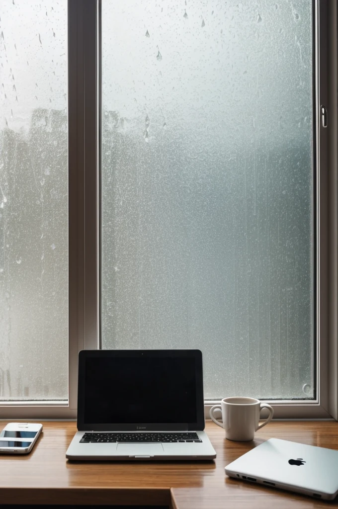 Laptop and cell phone next to a window and rain outside 