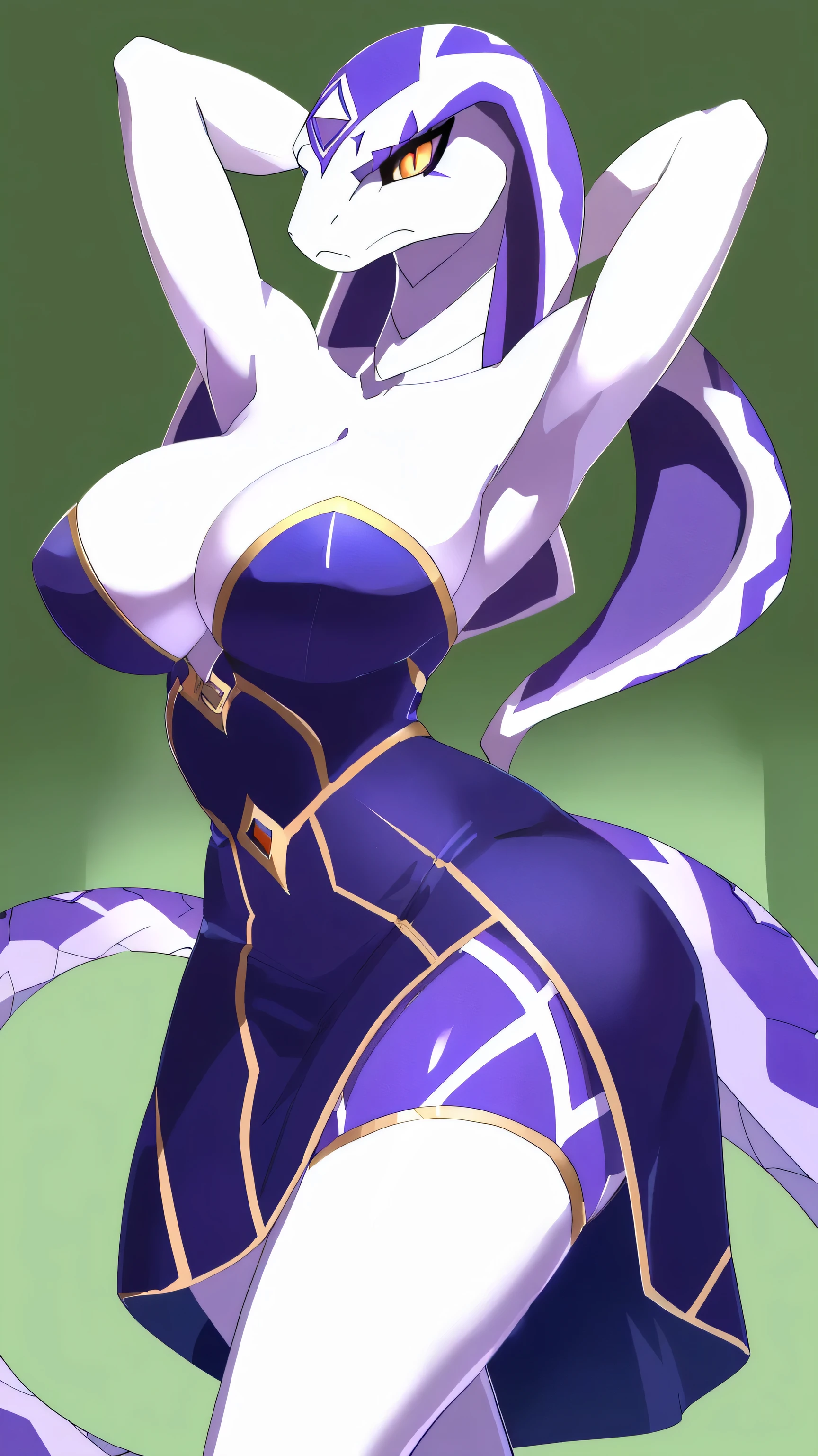 ((Green Background)),high resolution,4K,masterpiece,high quality,20 years old,((snake)),woman,((whole body:1.4,Strike a pose:1.5,Royal sister:1.3,Indifferent face:1.4)),snake woman,(Royal sister figure:1.5,Large Breasts:1.2,眼镜snake woman),((Moderate:1.2)),((Strong body:1.5,Long legs:1.3)),((White one-shoulder dress:1.1,Show your thighs:1.2)),(((Purple head:1.4,White neck:1.3,Golden Eyes:1.3,White chest:1.3,White belly:1.3,Purple back of hand:1.3,Purple and white legs,Purple and white snake tail))),Delicate eyes:1.6,Fine details,Detailed body,(Detailed hand details:1.4)