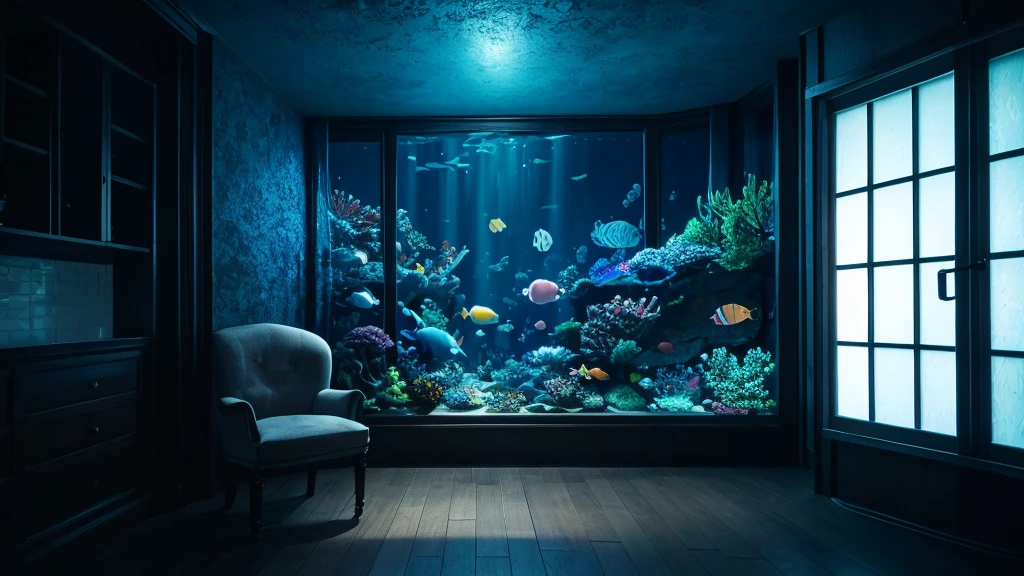 Window overlooking the deep sea Fantasy The background is dark、With a slightly lit lamp