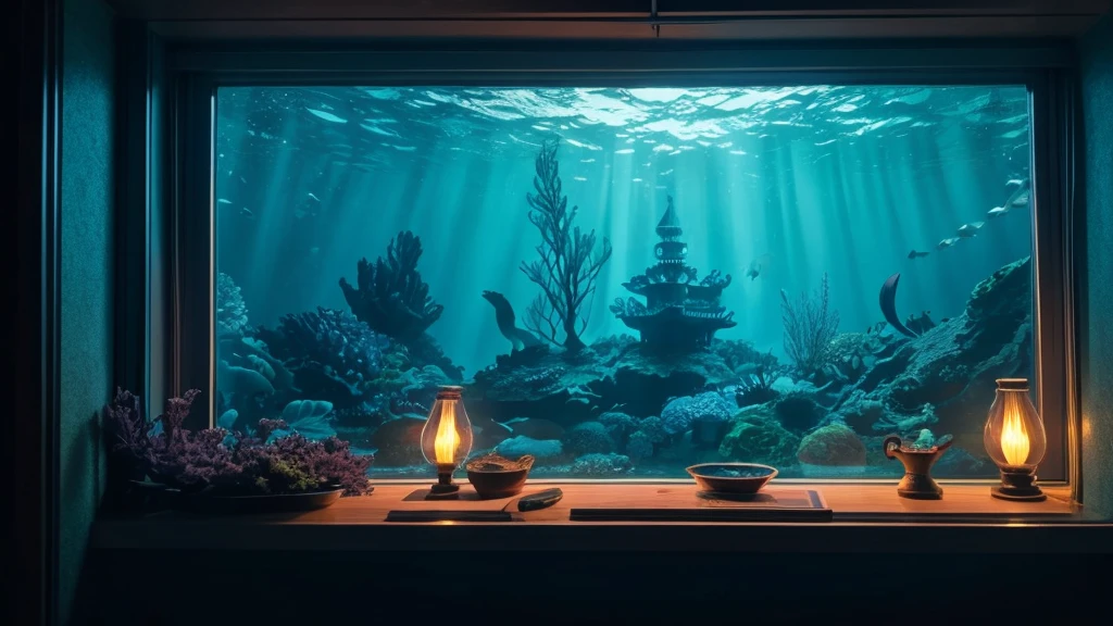 Window overlooking the deep sea Fantasy The background is dark、With a slightly lit lamp