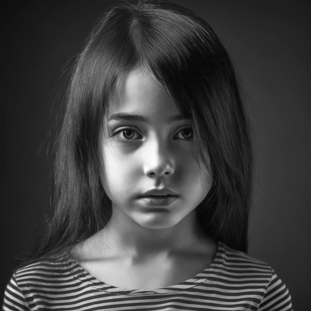 a portrait of young girl, black and white line