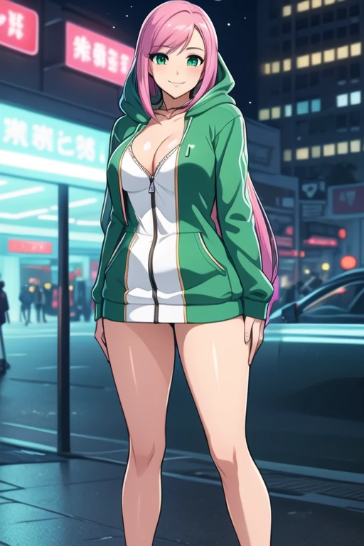 1 girl, 19 years old, Long pink hair, green eyes with slit pupils, master-piece, best quality, (standing up), (green hoodie), (long-sleeved, tight hoodie zipper dress, cleavage),  (Big , ultra gigantic , Super super big, Glamorous body), Make eye contact with the camera, front figure, looking forward, (light_Smile:1.5), (Detailed hands and fingers:1.2) (Cyberpunk City), (FULL BODYSHOT), thighs thighs thighs thighs、beauty legs、Bare legs