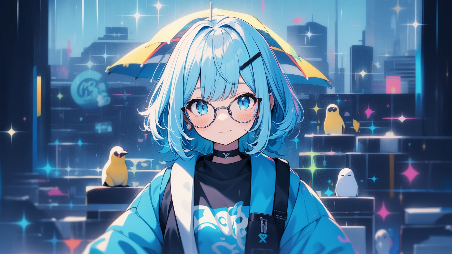 muff, Blue Hair, rain、幾何学なrain、Colorful Hair, A woman with short, blue hair, , Black choker around the neck、Wearing glasses、penguin