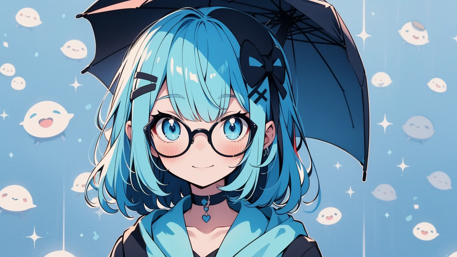 muff, Blue Hair, rain、幾何学なrain、Colorful Hair, A woman with short, blue hair, , Black choker around the neck、Wearing glasses、penguin