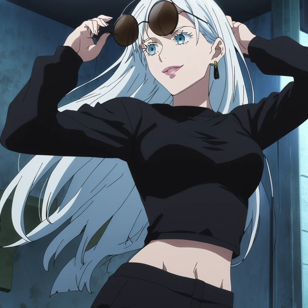 1girl, female gojo satoru, anime screencap from jujutsu kaisen, gojo satoru female version, solo, long_hair, ((wearing round sunglasses over the head)) ((White_hair)), night view, (hanging breasts) upper_body, smile, indoors, book, lips, (long hair) ((wearing black colour crop top with full sleeves and black colour pant)) breast, "very detailed and high resolution" (wearing round sunglasses over the head) ((solo)) (((front view))) (earings) ((high resolution)) ((good quality)) ((silky hair)) ((cross arms))