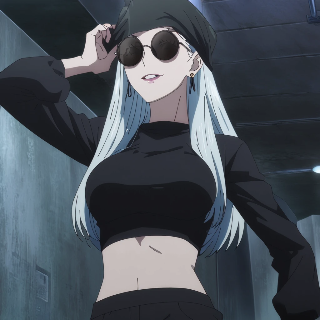 1girl, female gojo satoru, anime screencap from jujutsu kaisen, gojo satoru female version, solo, long_hair, ((wearing round sunglasses over the head)) ((White_hair)), night view, (hanging breasts) upper_body, smile, indoors, book, lips, (long hair) ((wearing black colour crop top with full sleeves and black colour pant)) breast, "very detailed and high resolution" (wearing round sunglasses over the head) ((solo)) (((front view))) (earings) ((high resolution)) ((good quality)) ((silky hair)) ((cross arms))