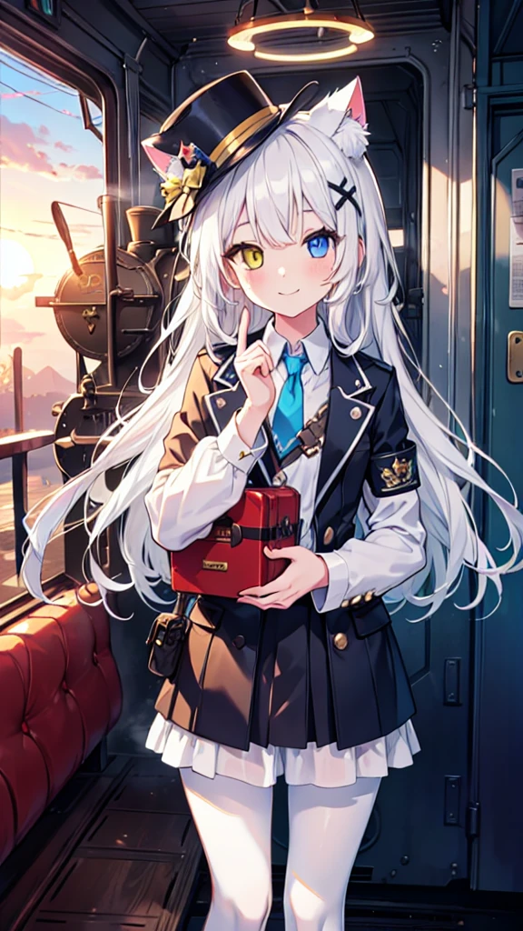 White pantyhose,White hair,Smile,Long hair,Cat ear,Heterochromia(Left blue right yellow),Female face,There are bright spots in the eyes,flat chest,blue halo,Alone,Steam locomotive cabin,Sunset,Steampunk,hat,Carrying a toolbox