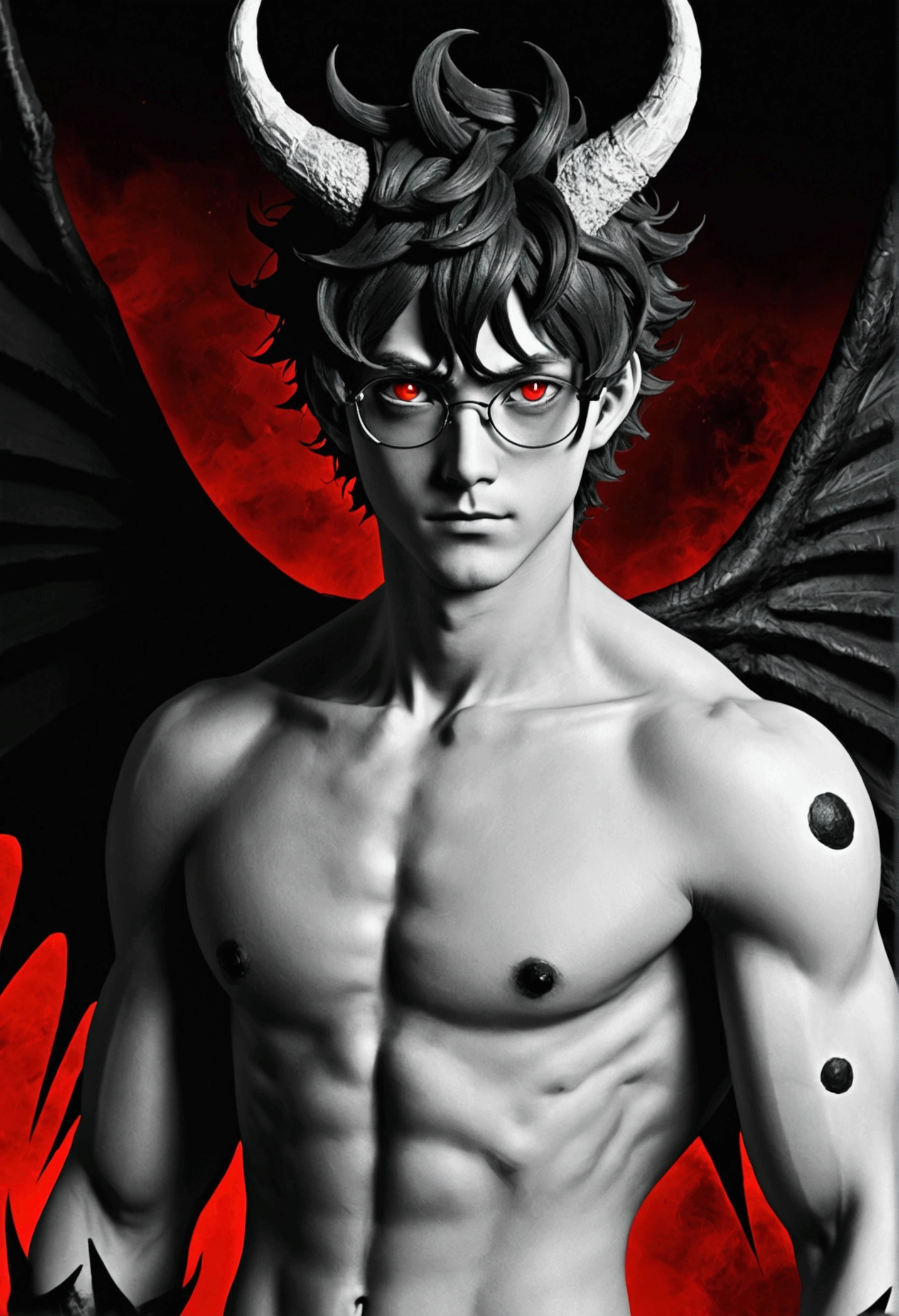 Serious anime man with glasses and dark eyes with red pupils and hair between black and white with small horns all without clothes, His body, without exception, black, covered in darkness, his face half converted, covered in dark energy, with black demon-style wings, with an arm with red markings on the man like that of the demon Liebe from the anime Black Clover