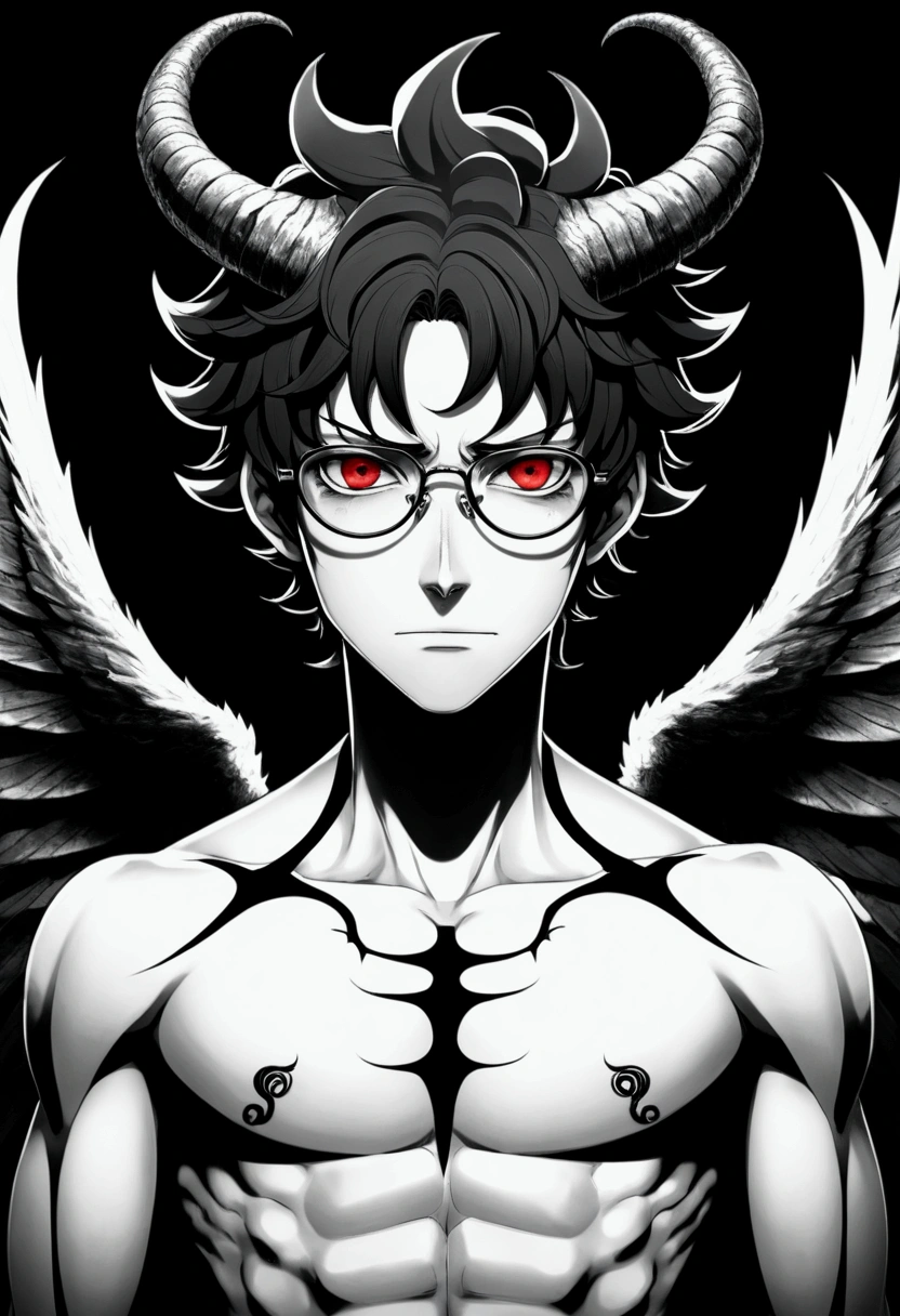 Serious anime man with glasses and dark eyes with red pupils and hair between black and white with small horns all without clothes, His body, without exception, black, covered in darkness, his face half converted, covered in dark energy, with black demon-style wings, with an arm with red markings on the man like that of the demon Liebe from the anime Black Clover 