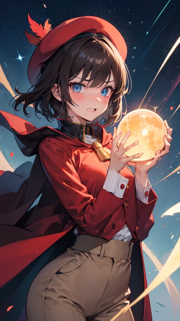 Best quality, Ultra detailed, best quality, insanely detailed, beautiful, masterpiece, 8k,
break
night sky, Streaks of Light,refraction Glowing white lines ,Crossing Light,Shining Background, light particles,
break
1lady, brown hair, (very short hair:1.2), (Pork Pie hat:1.2), (red hat:1.2), green feather on hat, blue eyes, ultra detailed eyes, red cloak, (long cloak:1,2), long-sleeved shirt, long cuff shirts, (red shirts:1.2), slit on shirts, (chino pants:1.3), (beige pants:1.2), tall stature, slender body, flat chest, red fire ball on left hand, white sparkle ball on right hand,
Break
Upper body, from front,low angle (evil smile;1.5), evil grin,(scowl:1.1), (stare at viewer:1.5), (embarrassed,blush:1.3), (ecstasy:1.3) ,(slut:1.2),(vulgarity:1.3),(wet:0.8),(sweat:0.8), condescending snigger ,open mouth,