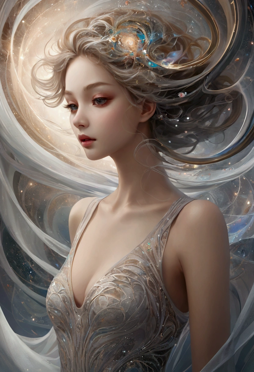 Painting of a beautiful young woman., Mysterious Waves at Night. 3d. White,Shallow. The beauty of the melting universe. Surrealism in Nebula Reflections. Glass texture,translucent,crystal