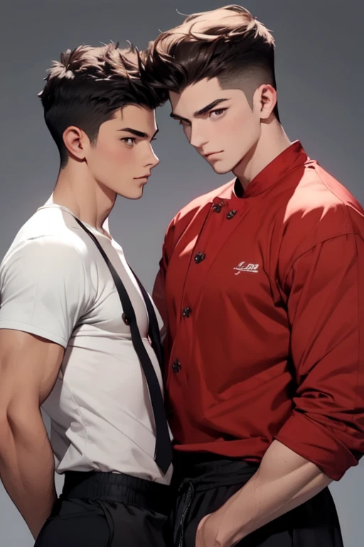 2hommes, mise au point du visage, 1 adulte costume cheveux noir peau clair yeux sombre grand muscle muscles , 1 teenager 18 years old high brown hair very white skin brown eyes , Best quality, facial detail, red background detail, fond bokeh, deux jeunes hommes, a brown hair high school student, et l'autre cheveux noir garde du corps muscle, represents a forbidden relationship with two men,fond rouge,absurdes,chef-d'artwork,high resolution,Complex and detailed,a Sigma male,sexy,muscle,strutting en plein air,Des yeux magnifiques,detailed face,pluie battante,en plein air,Illumination globale,Diffusion souterraine, drinking a cigarette schoolboy