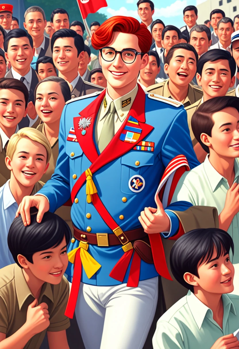 display propaganda, depicting a 20-year-old man with red hair wearing glasses. He wears a general’s uniform and looks straight ahead with a proud look and smiles. He is represented very large in the center of the poster and he raises his arm in front of him. Last one, several modern fighter planes fly leaving a white drag. At the feet of the man, a crowd of happy people looks at the man with admiration, applauding him. At the bottom of the poster is a flag with three colors: Yellow, White and Red. At the bottom of the poster there is written in red letters "Follow the supreme leader!" [Propaganda poster] [Crowd of happy people] [Inscription "Follow the supreme leader!"]