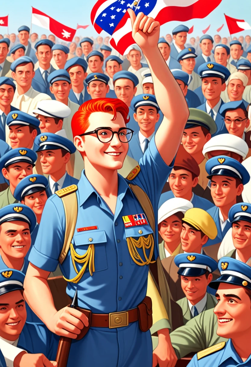 display propaganda, depicting a 20-year-old man with red hair wearing glasses. He wears a general’s uniform and looks straight ahead with a proud look and smiles. He is represented very large in the center of the poster and he raises his arm in front of him. Last one, several modern fighter planes fly leaving a white drag. At the feet of the man, a crowd of happy people looks at the man with admiration, applauding him. At the bottom of the poster is a flag with three colors: Yellow, White and Red. At the bottom of the poster there is written in red letters "Follow the supreme leader!" [Propaganda poster] [Crowd of happy people] [Inscription "Follow the supreme leader!"]