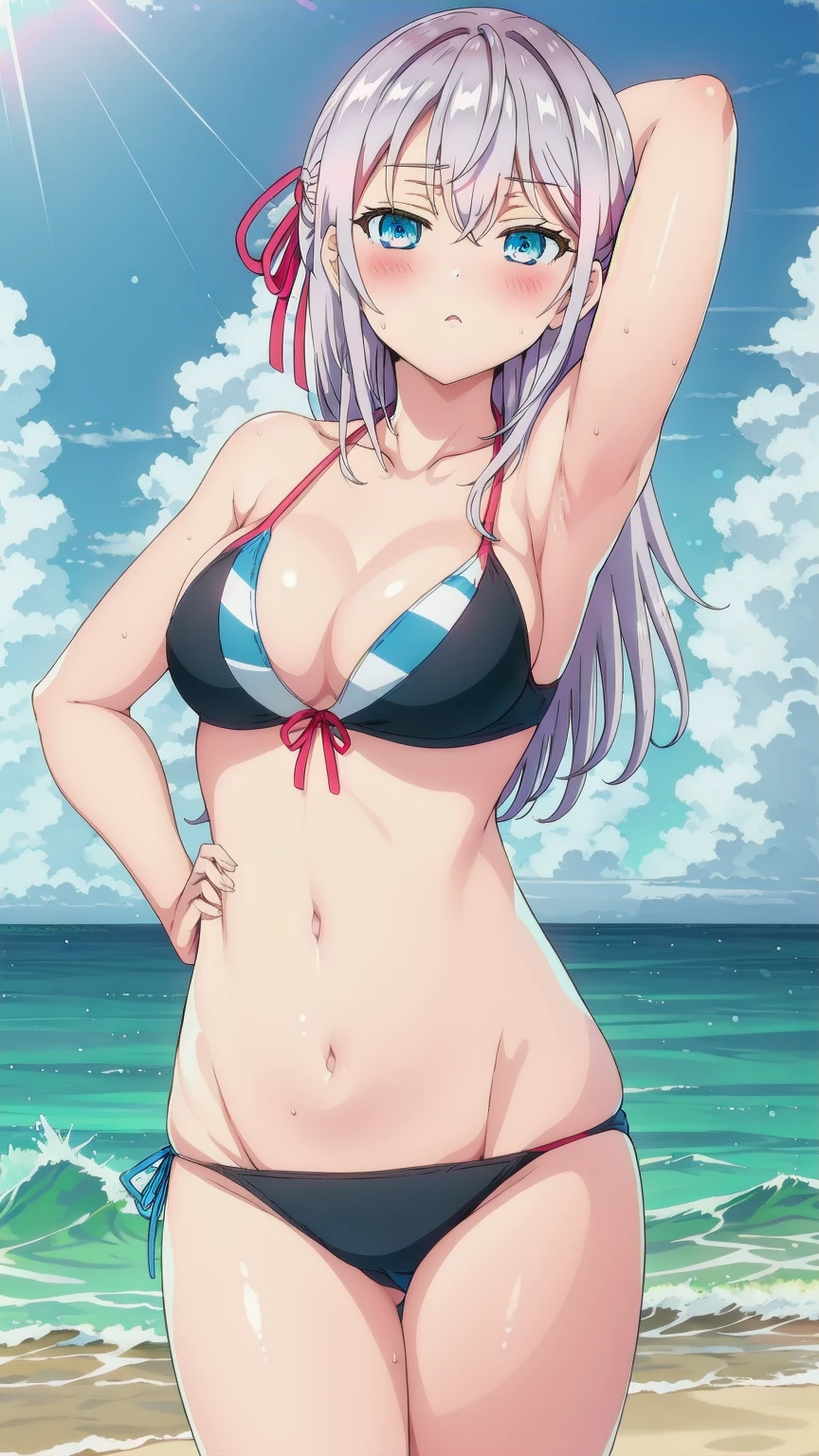 blue eyes, white hair,bangs,Long hair,hair ribbon,braid,blush,looking at the viewer, blue theme, blue background, cloudy sky, sunlight, sweat, orgasmic, bikini swimsuit,bikini,medium breasts, cleavage, belly button exposed, collarbone, thighs, sea ,wave,Hands behind head,Wave, splashe,